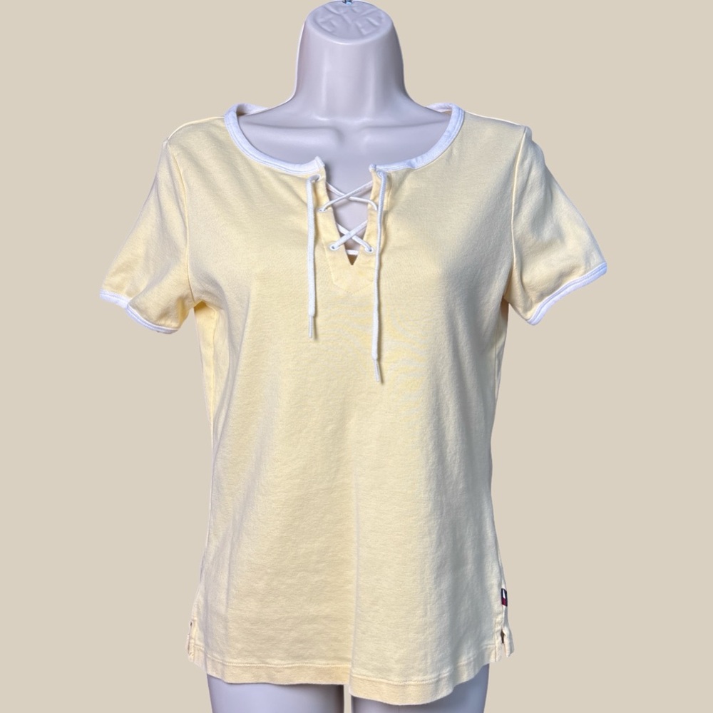 Tommy Hilfiger Womens VTG Y2K Yellow Tee White Lace Up Tie Trim 100% Cotton SZ L